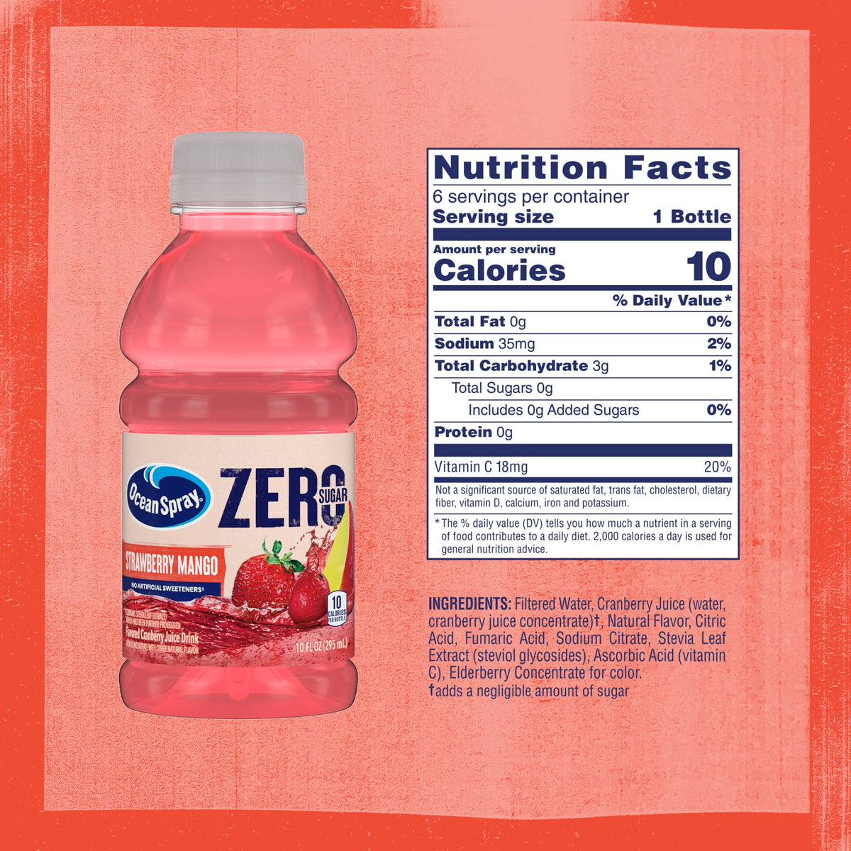 미국직구 오션스프레이 (4 pack) ® ZERO Sugar Strawberry Mango Juice Drink, 10 Fl Oz Bottle, 6 count