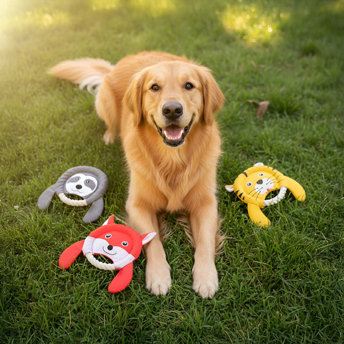 미국직구 강아지 장난감 PawsPik Woodland Safari Trio 2-in-1 Flying Disc & Tug Dog Toy Combo