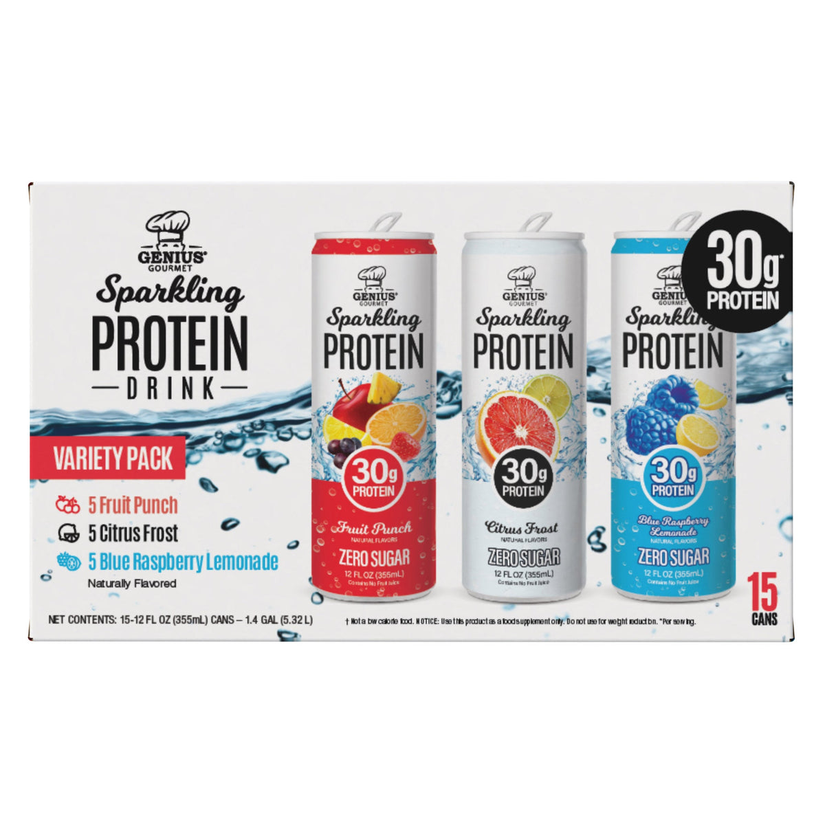 미국직구 지니어스 가르메 단백질 쉐이크 음료 Genius Gourmet Sparkling Clear 30g Protein Variety Pack, 12 fl oz, 15-pack