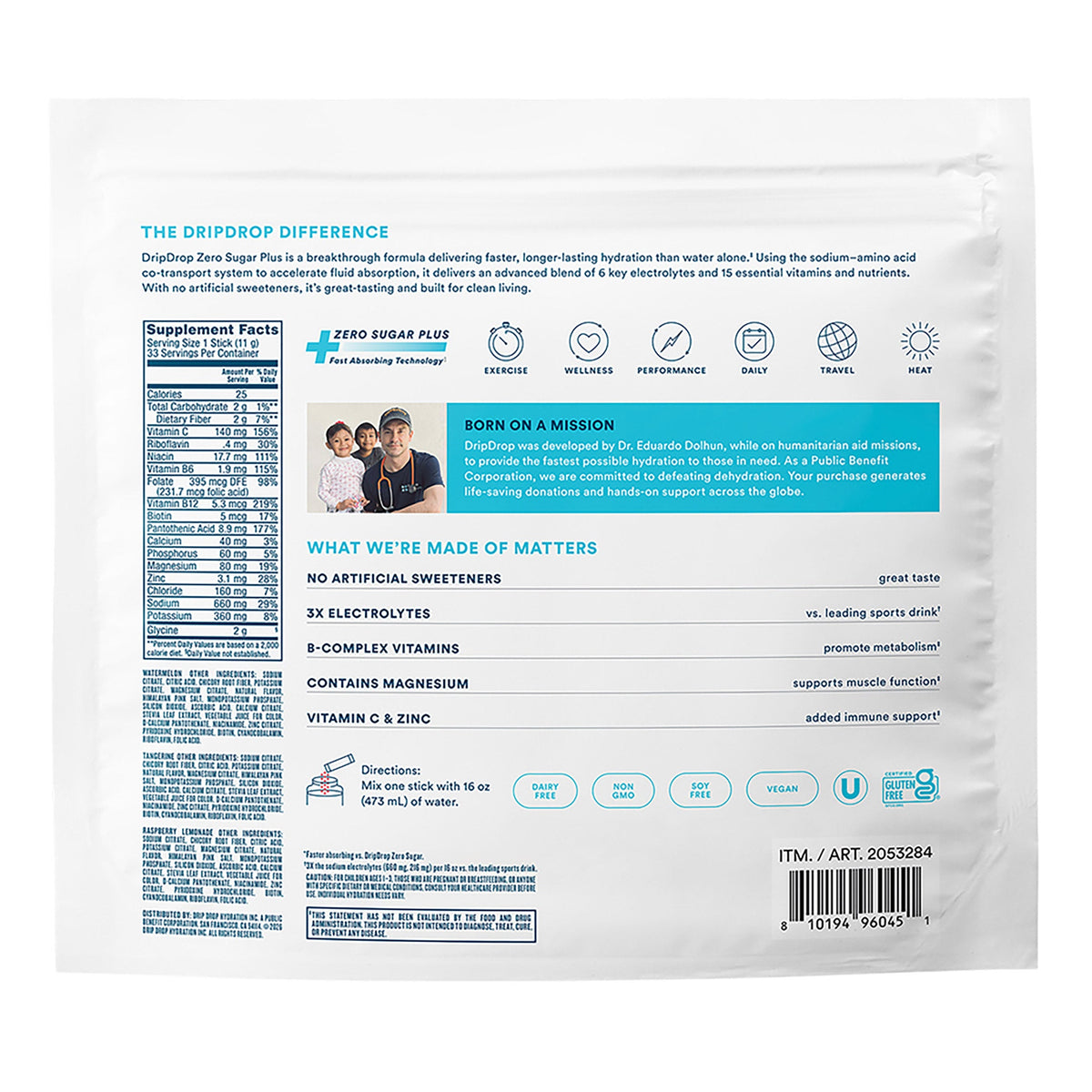 미국직구 드립드랍 전해질 파우더 DripDrop Hydration Zero Sugar Plus, 33 Stick Packs in Resealable Pouch, Variety Pack