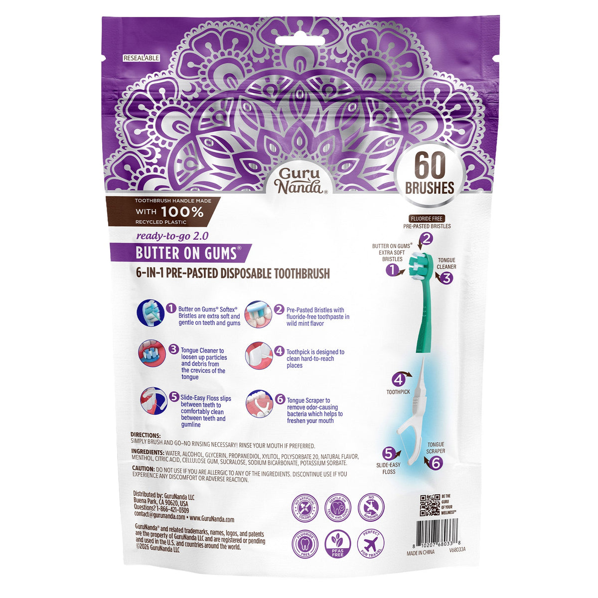 미국직구 전동칫솔 GuruNanda Butter on Gums 6-In-1 Pre-Pasted Disposable Toothbrush, 60-count