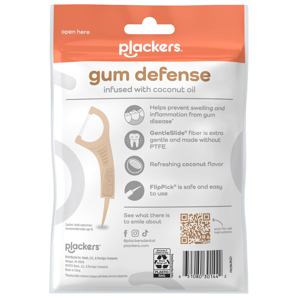 미국직구 치실 Plackers Gum Defense Infused with Coconut Oil Floss Picks, 75-count, 6-pack