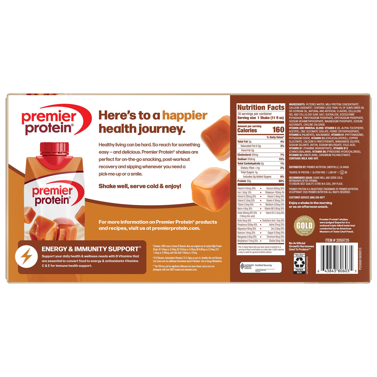 미국직구 프리미어 프로틴 단백질 쉐이크 음료 카라멜 Premier 30g Protein PLUS Energy and Immune Support Shakes, Caramel, 11 fl oz, 18-pack