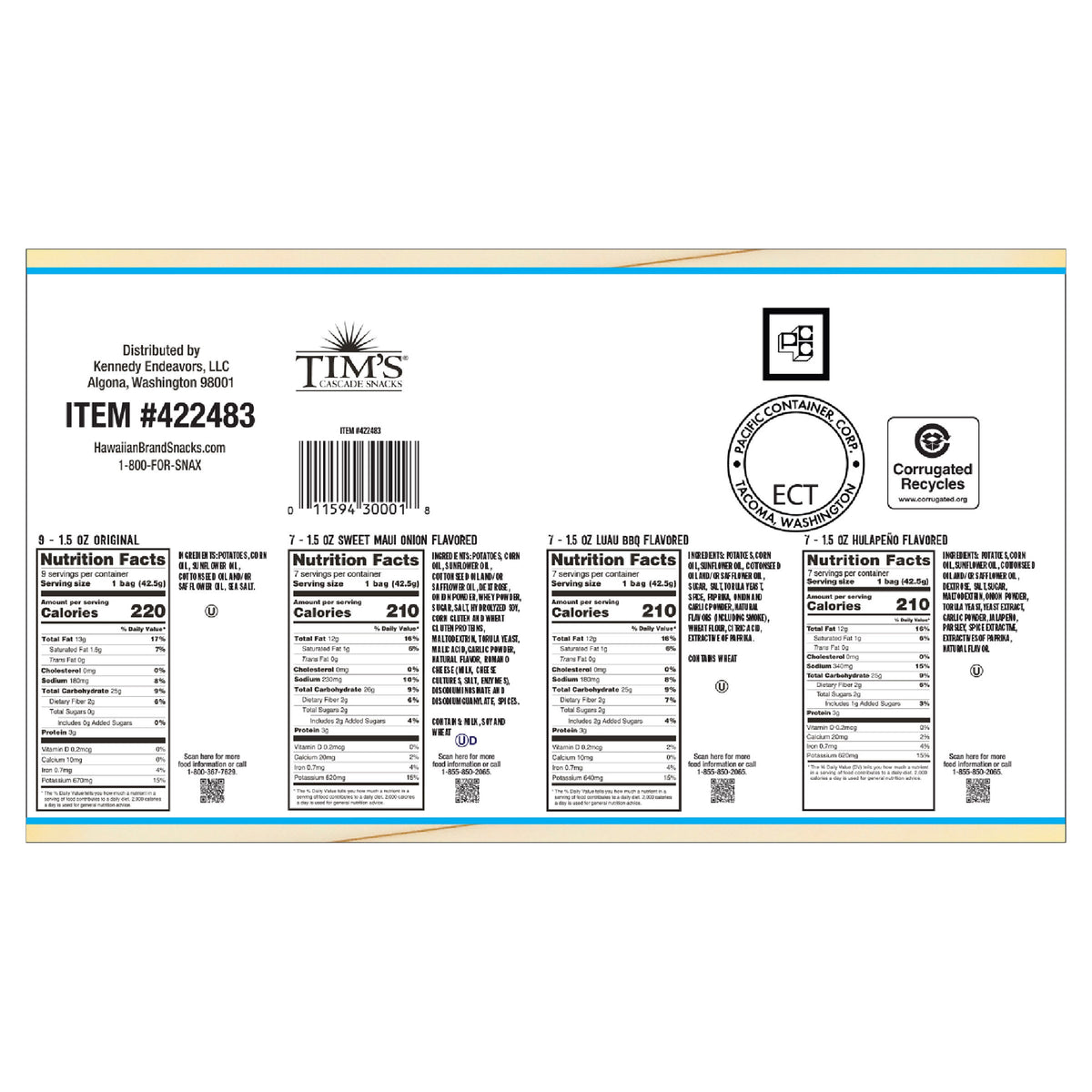 미국직구 Hawaiian Brand Kettle Style Potato Chips, Island Variety Pack, 1.5 oz, 30 ct