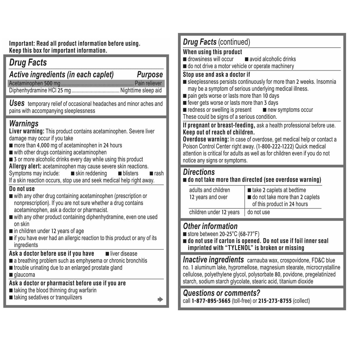 미국직구 타이레놀PM Tylenol PM Extra Strength Acetaminophen 500 mg Pain Reliever & Sleep Aid, 225 Caplets