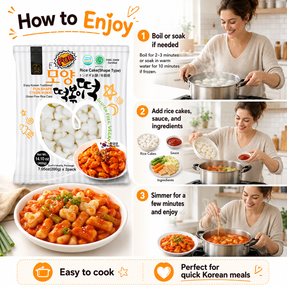 미국직구 UNHA'S Fun Shaped 400g 2팩 / UNHA'S Fun Shaped Korean Tteokbokki Rice Cakes, Chewy Ric 3