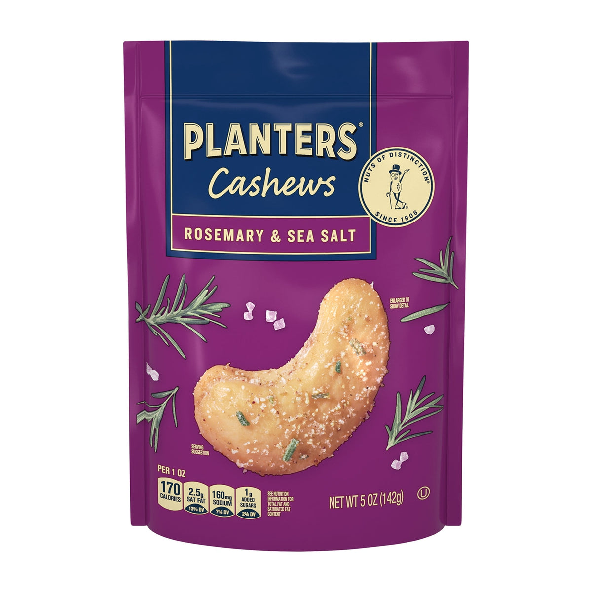 미국직구 플랜터스 Rosemary & Sea Salt Flavored Whole Cashews, Plant Based Protein Snacks for Adults, On-The-Go, Gluten Free, 5 oz Resealable Package