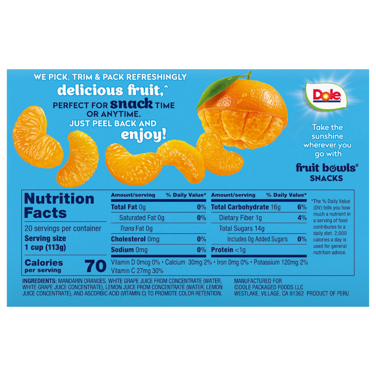 미국직구 Dole Mandarin Oranges Fruit Cups, 4 oz, 20 ct