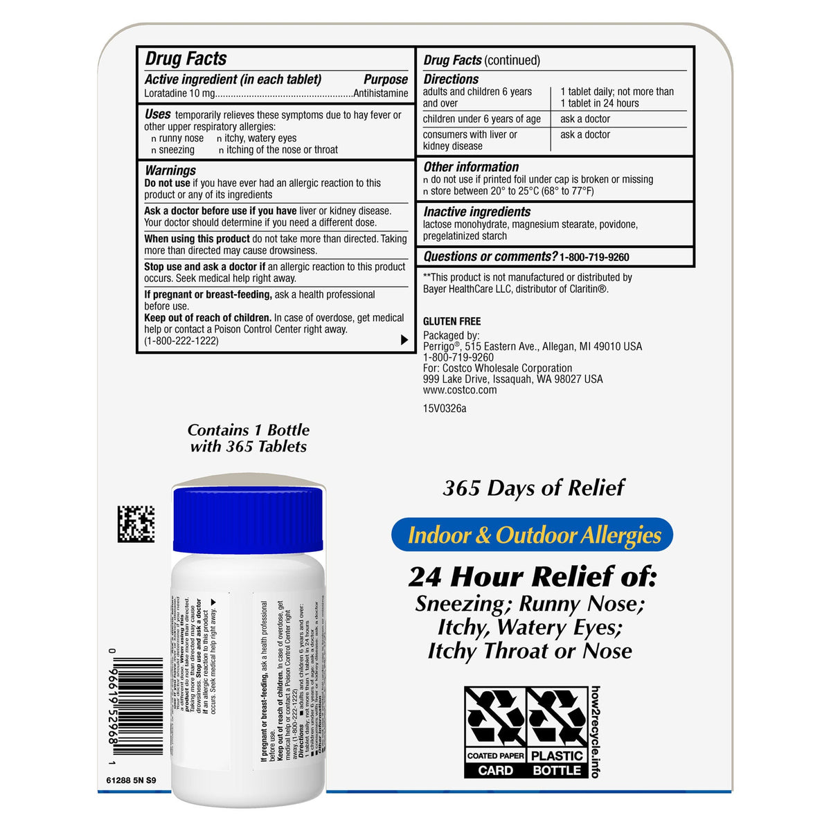 미국직구 커클랜드 알레르기약 Kirkland Signature Non-Drowsy AllerClear Antihistamine 10 mg., 365 Tablets