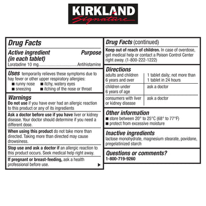 미국직구 커클랜드 알레르기약 Kirkland Signature Non-Drowsy AllerClear Antihistamine 10 mg., 365 Tablets