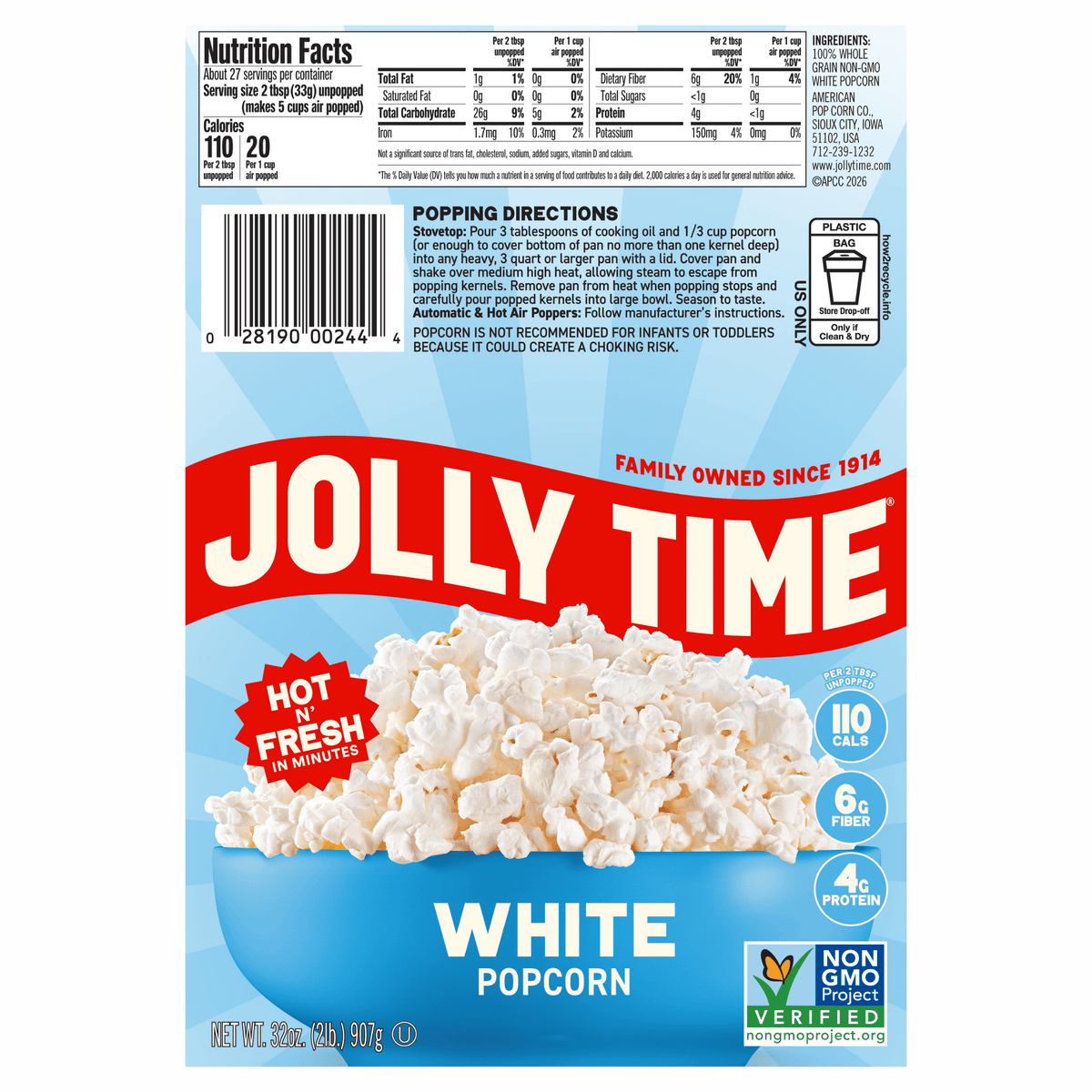 미국직구 졸리타임 White Popcorn Kernels, 32 oz Bag, Non-GMO Project Verified, 100% Whole Grain, High Fiber, Gluten Free, White Popcorn for Air Poppers, Stove