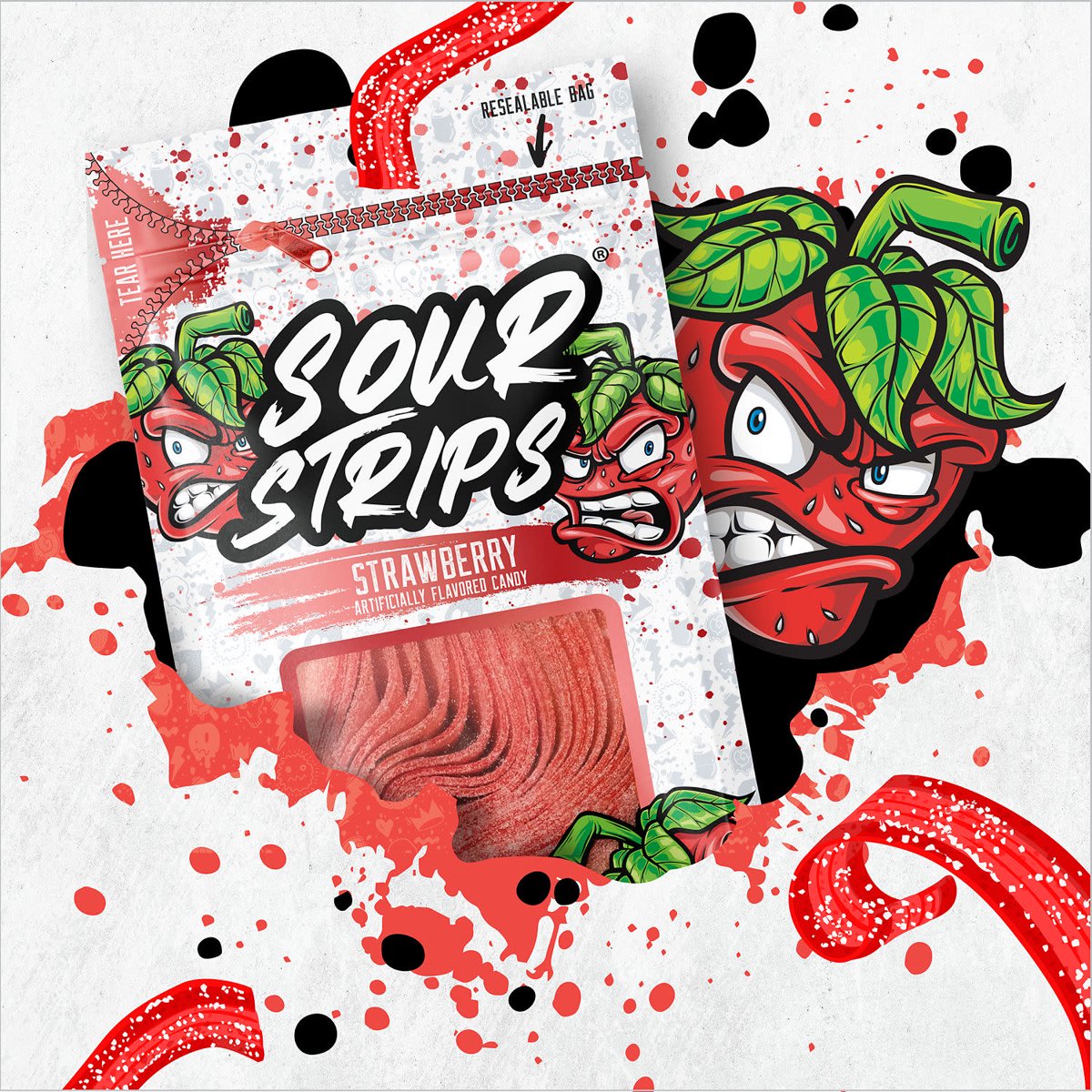 미국직구 Sour Strips Strawberry 캔디 96g 2팩 / Sour Strips Strawberry Flavored Chewy, Candy Bag,  5