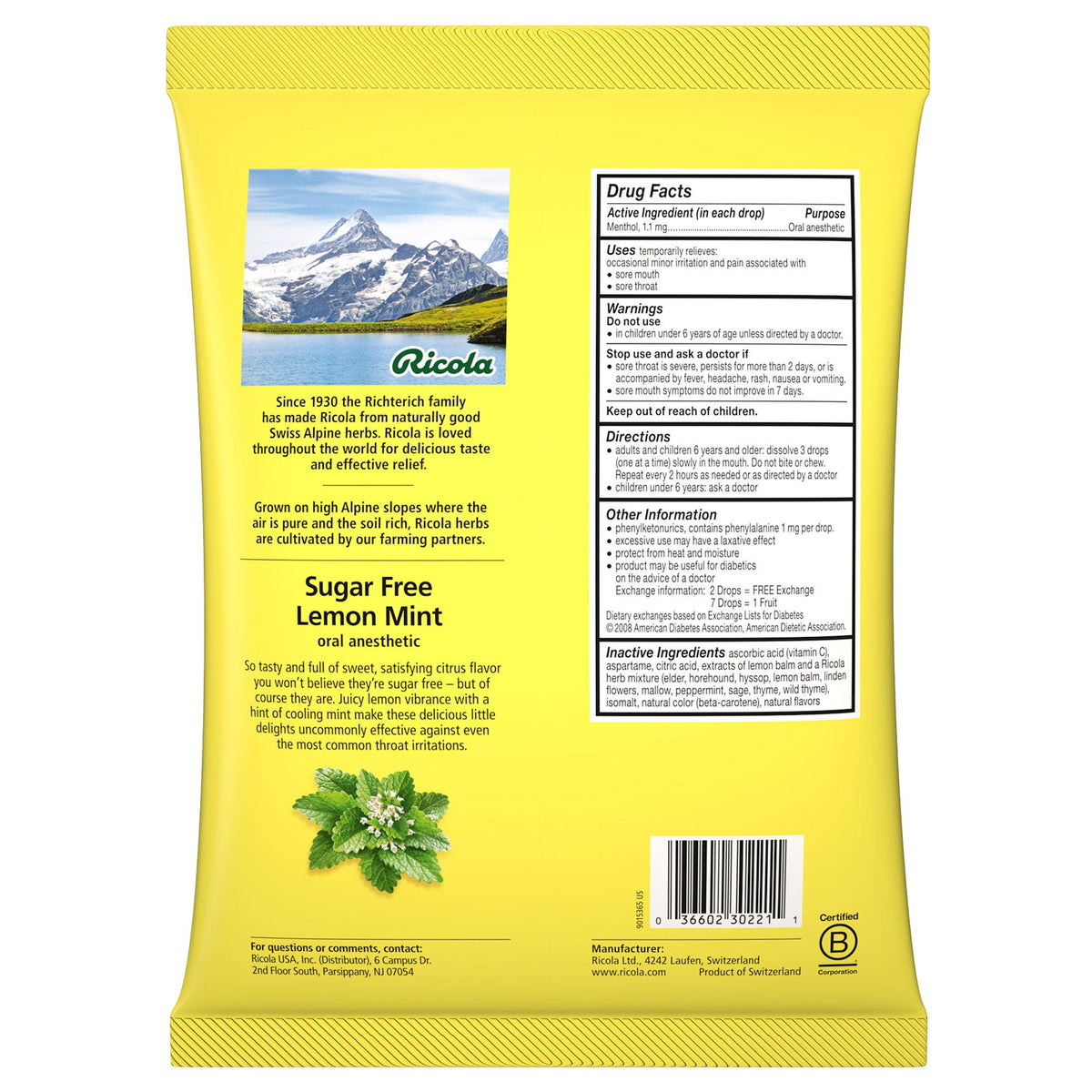 미국직구 생활건강 Ricola Sugar Free Lemon Mint Drops, 210 Drops