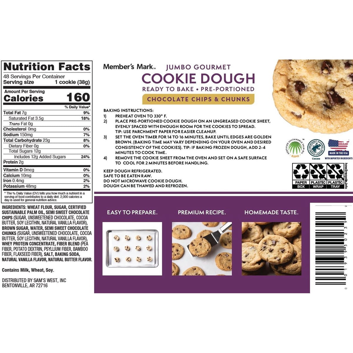 미국직구 멤버스마크 초콜릿 454g / Members Mark Jumbo Gourmet Chocolate Chip and Chunk Cookie Dough, 45 4