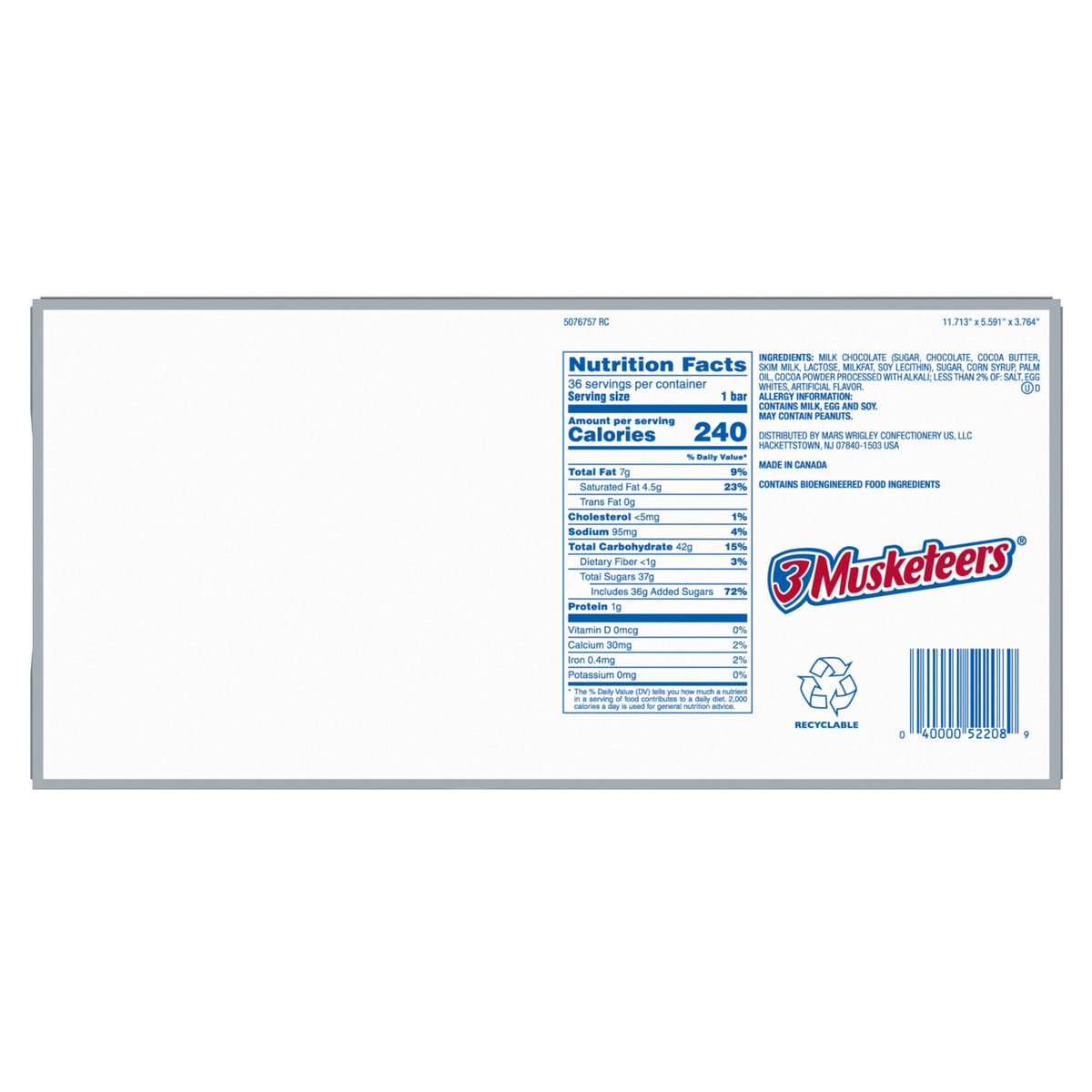 미국직구 3 Musketeers Chocolate Candy Bar, Full Size, 1.92 oz, 36 ct