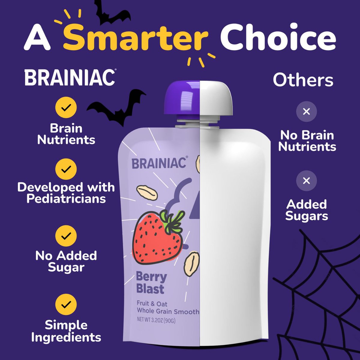 미국직구 Brainiac Halloween Fruit 91g 20팩 / Brainiac Halloween Fruit and Oat Smoothie Pouches, 3
