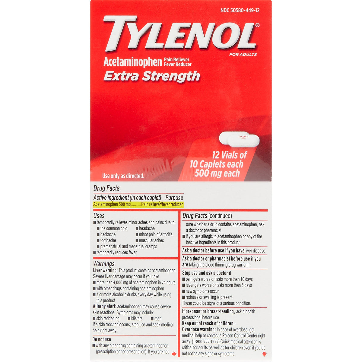 미국직구 타이레놀 생활건강 Tylenol Extra Strength Acetaminophen 500 mg Vials, 120 Caplets
