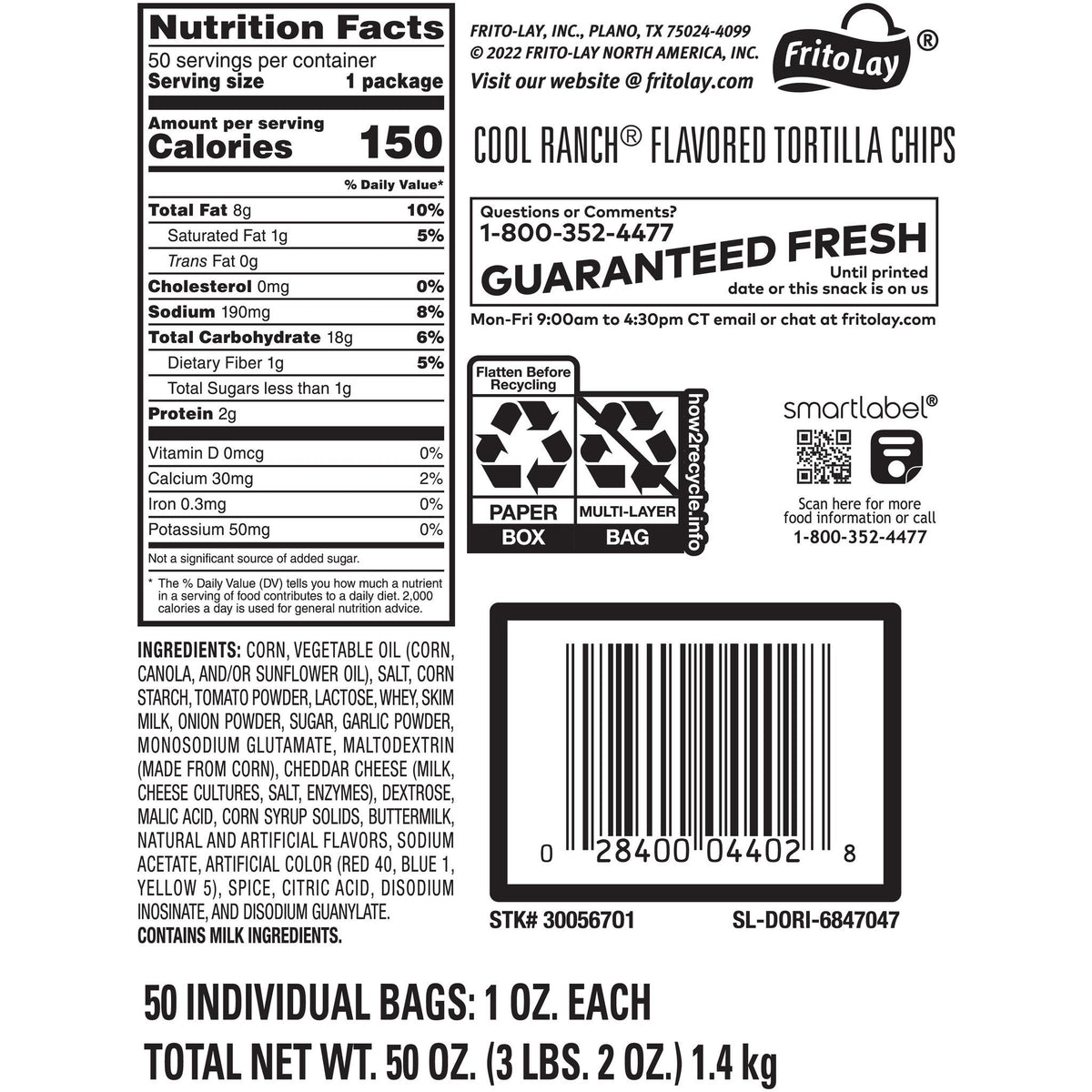 미국직구 도리토스 Tortilla Chips, Cool Ranch, 1.0 oz, 50 ct