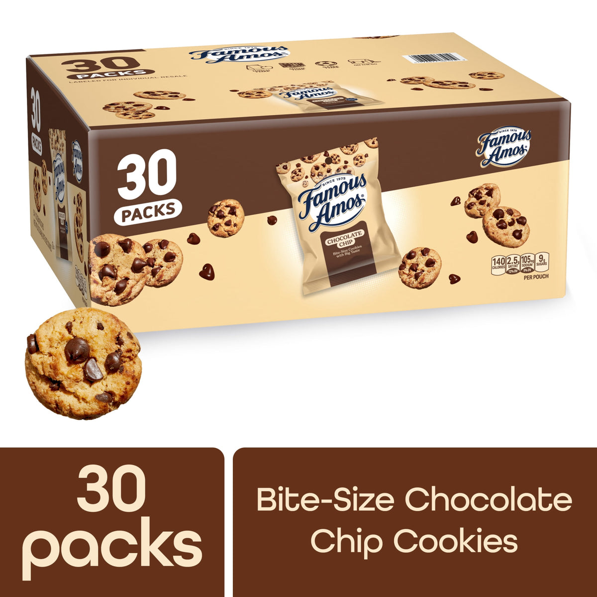 미국직구 페이머스아모스 Classic Chocolate Chip Cookies, Bite-size cookies, Sweet Treats, 30 Pack Box, 1 oz Bag