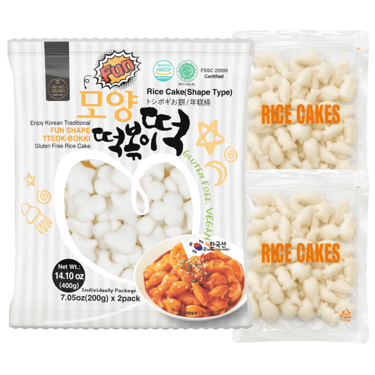 미국직구 UNHA'S Fun Shaped 400g 2팩 / UNHA'S Fun Shaped Korean Tteokbokki Rice Cakes, Chewy Rice Cake Sna 1