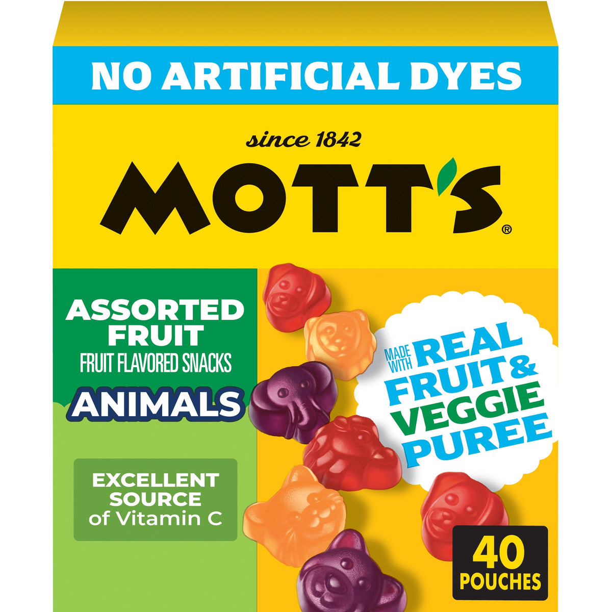 미국직구 모츠 Assorted Animal Shapes Fruit Flavored Snacks, Made with Real Fruit Puree (40 Pack)