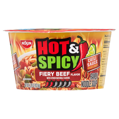 미국직구 닛신 Foods Hot & Spicy Ramen Noodle Soup, Fiery Beef Flavor, 3.28 oz Bowl, Shelf-Stable