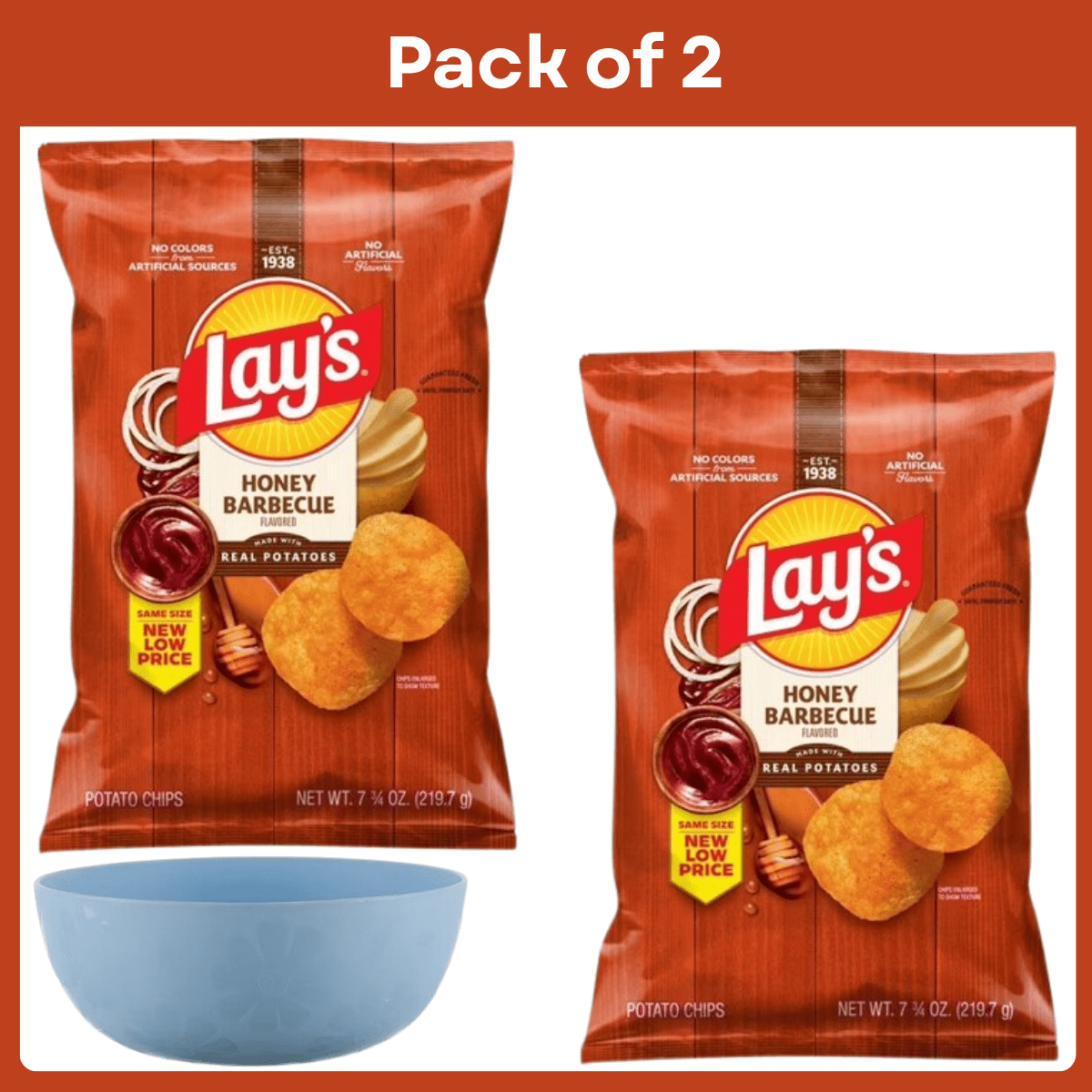 미국직구 Pack of 213g 2팩 / Pack of 2 Lay's Honey Barbecue Potato Chips Bag, 213g-With Bowl 1