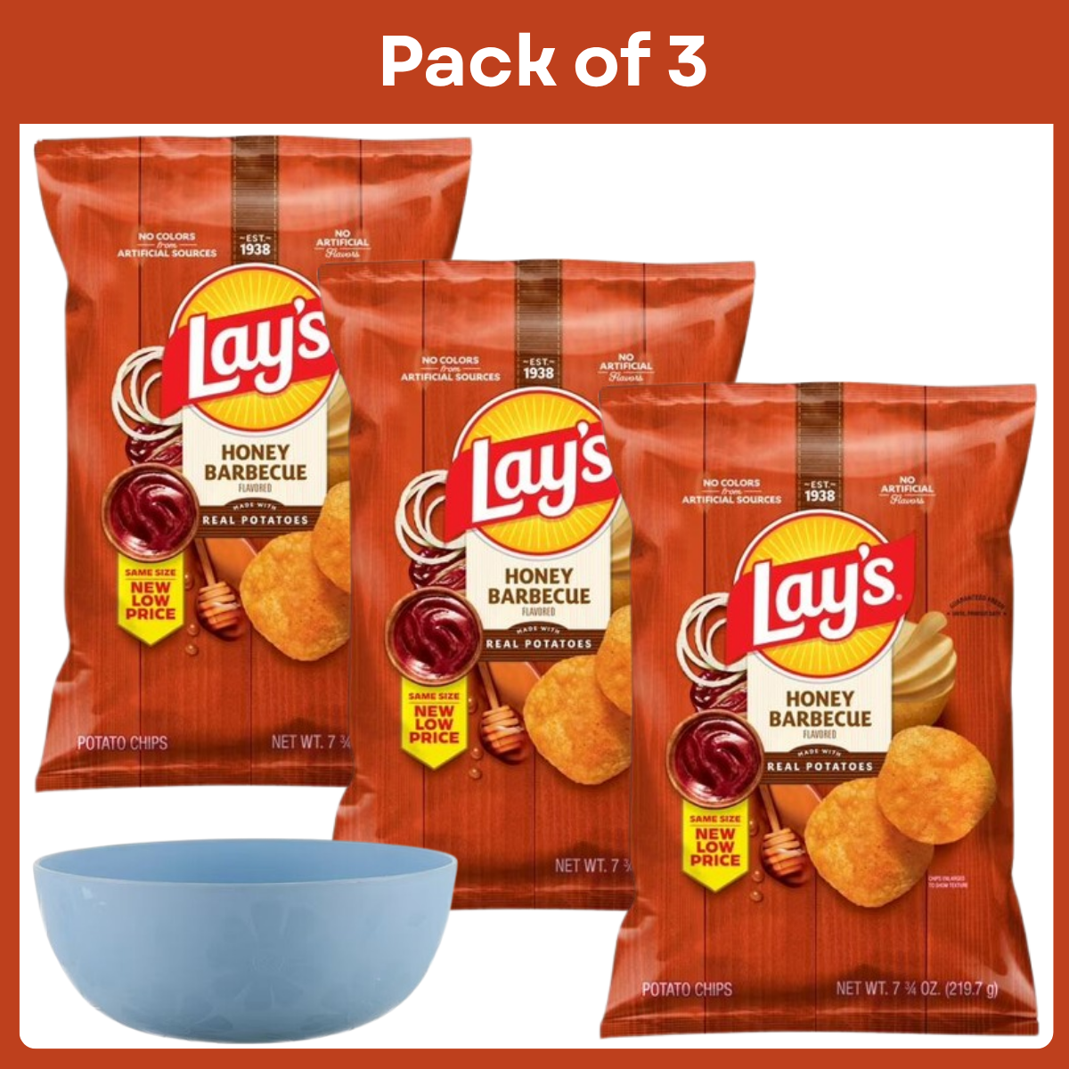 미국직구 Pack of 213g 3팩 / Pack of 3 Lay's Honey Barbecue Potato Chips Bag, 213g-With Bowl 1