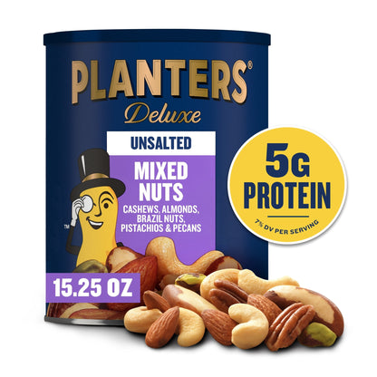 미국직구 플랜터스 Unsalted Deluxe Mixed Nuts with Cashews, Almonds, Brazil Nuts, Pistachios & Pecans, 5g Protein (7% DV) per serving, 15.25 oz Resealable Can