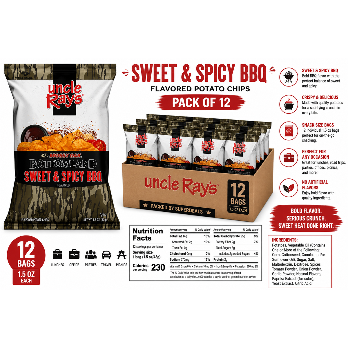 미국직구 Uncle Rays Sweet 43g 12팩 / Uncle Rays Sweet & Spicy BBQ Potato Chips, 43g Individual Bags, Pack 1
