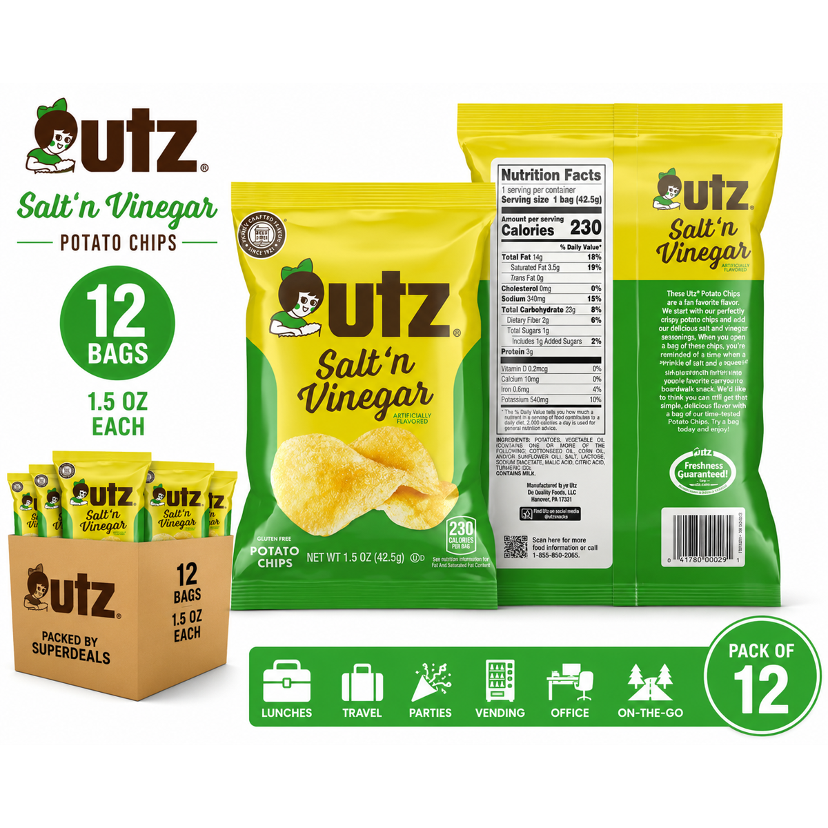 미국직구 Utz Salt n 43g 12팩 / Utz Salt n Vinegar Potato Chips Snack Bags, 43g Each, Pack of 12, Pack 1