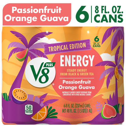 미국직구 V8 +Energy Passionfruit Orange Guava Juice Energy Drink, 8 fl oz Can, 6 Count