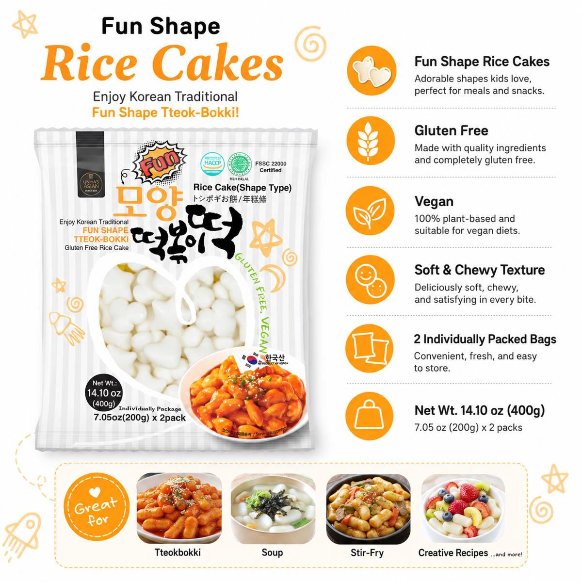 미국직구 UNHA'S Fun Shaped 400g 2팩 / UNHA'S Fun Shaped Korean Tteokbokki Rice Cakes, Chewy Ric 5