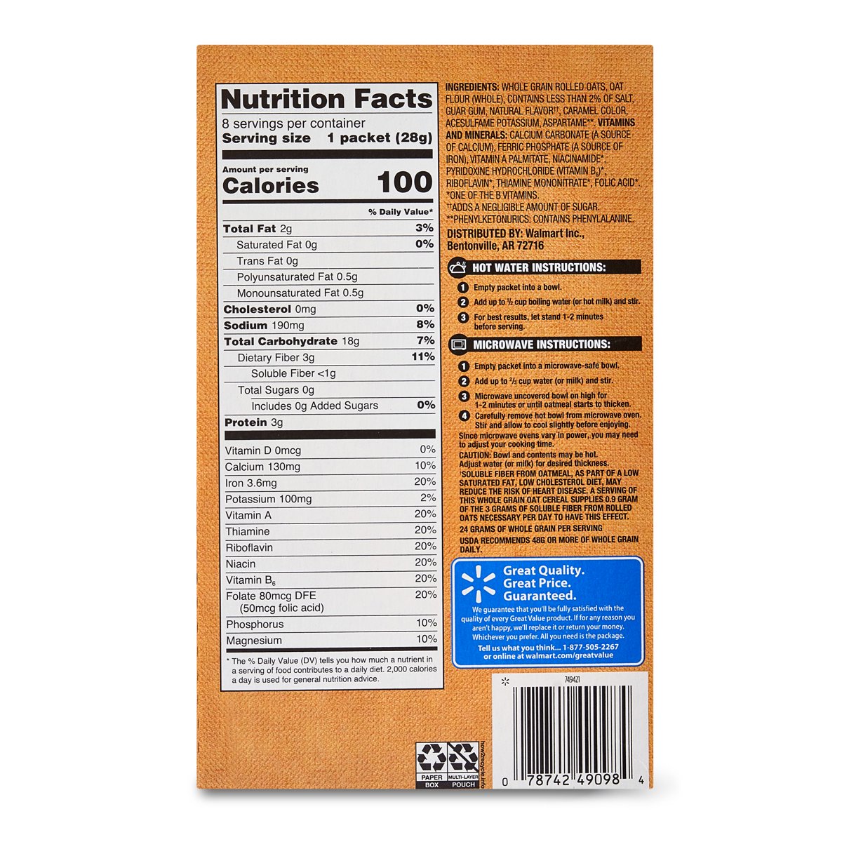 미국직구 Great Value Sugar-Free 28g 2팩 / Great Value Sugar-Free Maple & Brown Sugar Instant Oa 5