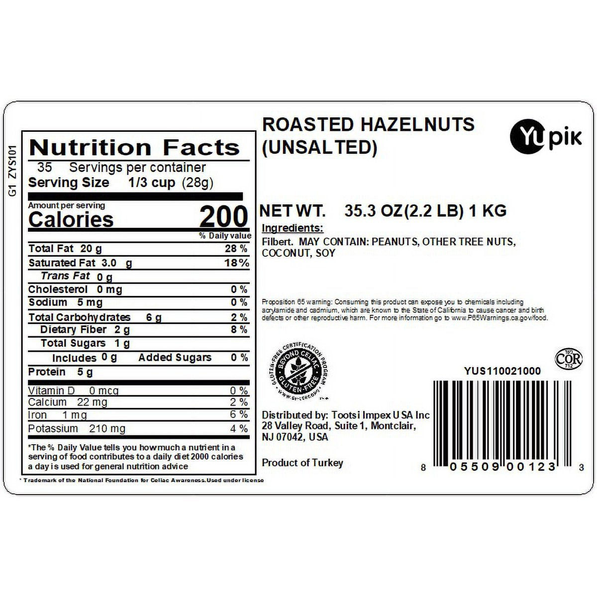미국직구 Yupik Dry Roasted 견과 57g / Yupik Dry Roasted Unsalted Hazelnuts, 1 Bag, 2.2 lb, with  2
