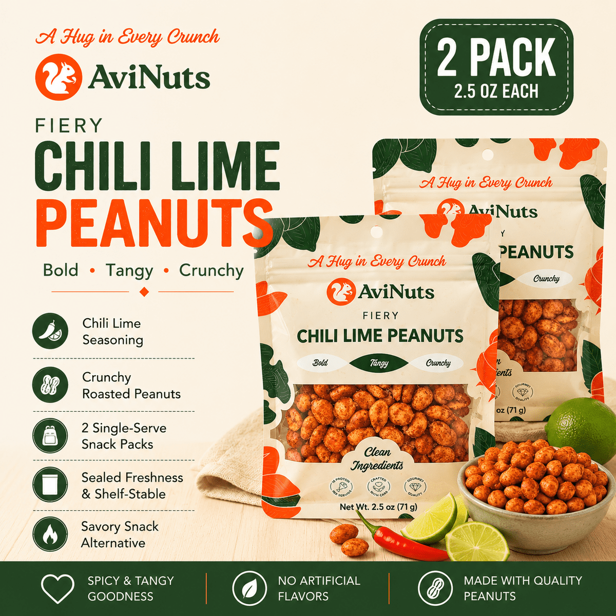 미국직구 Chili Lime Peanuts 견과 71g 2팩 / Chili Lime Peanuts, Spicy Roasted Peanut Snack Pack, O 2