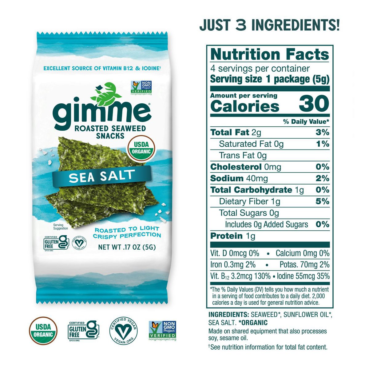 미국직구 Gimme Seaweed Snacks 5g / Gimme Seaweed Snacks, Sea Salt Roasted, 5g, 20 pk. 3