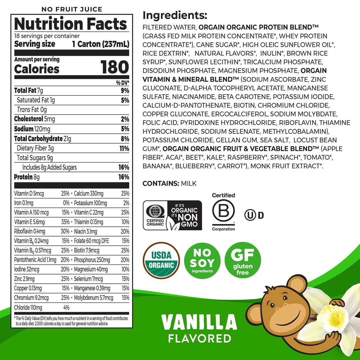 미국직구 Orgain Kids 237ml / Orgain Kids 8g Protein Organic Nutritional Shake, Vanilla, 237ml, 2