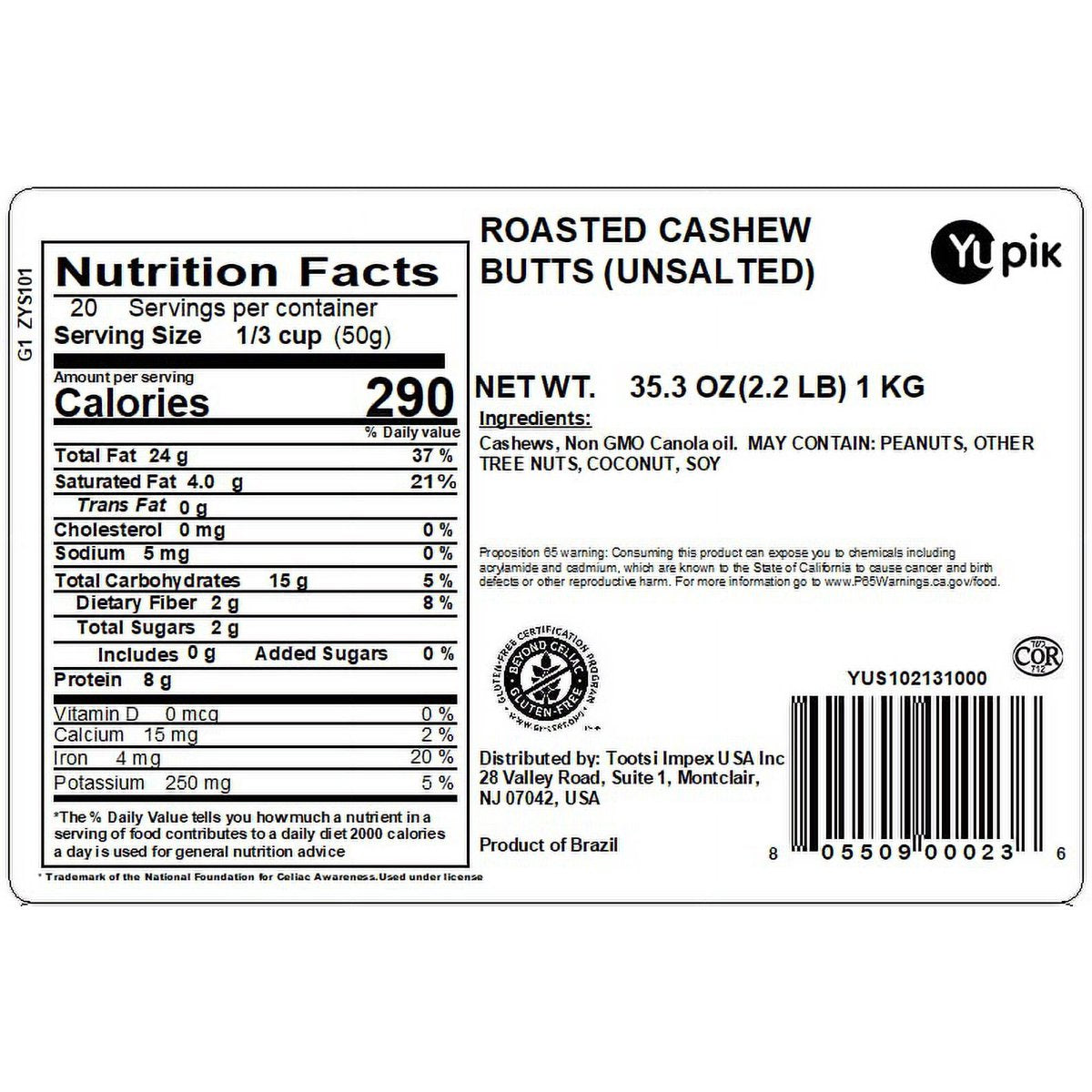 미국직구 Yupik Roasted Unsalted 견과 57g / Yupik Roasted Unsalted Cashews, Butts, 1 Bag, 2.2 lb, 2