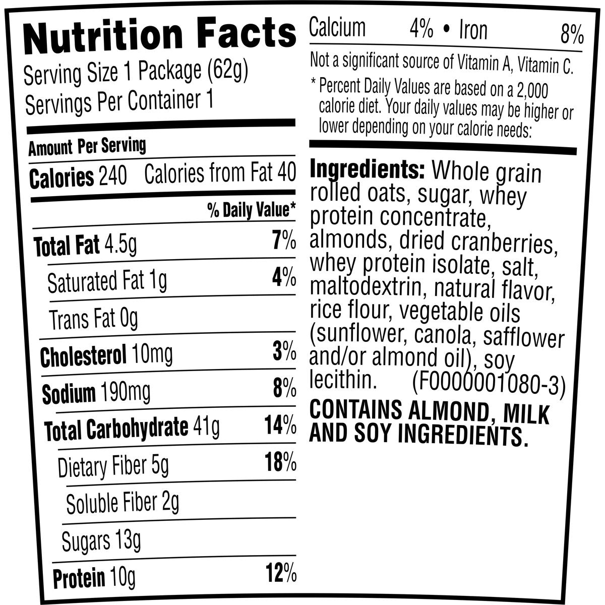 미국직구 Quaker Select Starts 견과 62g 2팩 / Quaker Select Starts Cranberry Almond Protein Instan 5