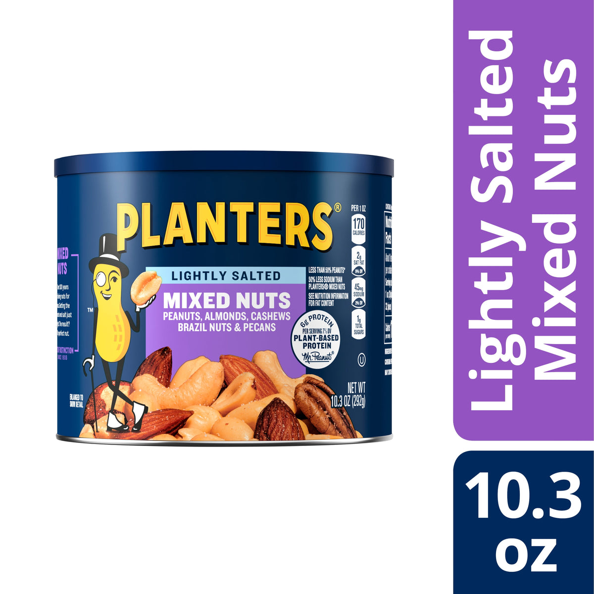 미국직구 플랜터스 (12 pack)  Lightly Salted Mixed Nuts with Peanuts, Almonds, Cashews, Hazelnuts and Pecans, Plant Based Protein, 10.3 oz Canister