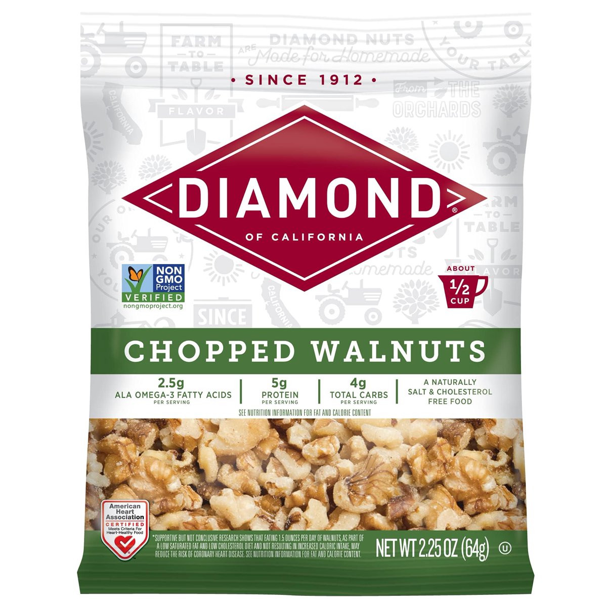미국직구 3 Pack Diamond 견과 64g 3팩 / 3 Pack | Diamond of California Chopped Walnuts, 12 Bags x  2