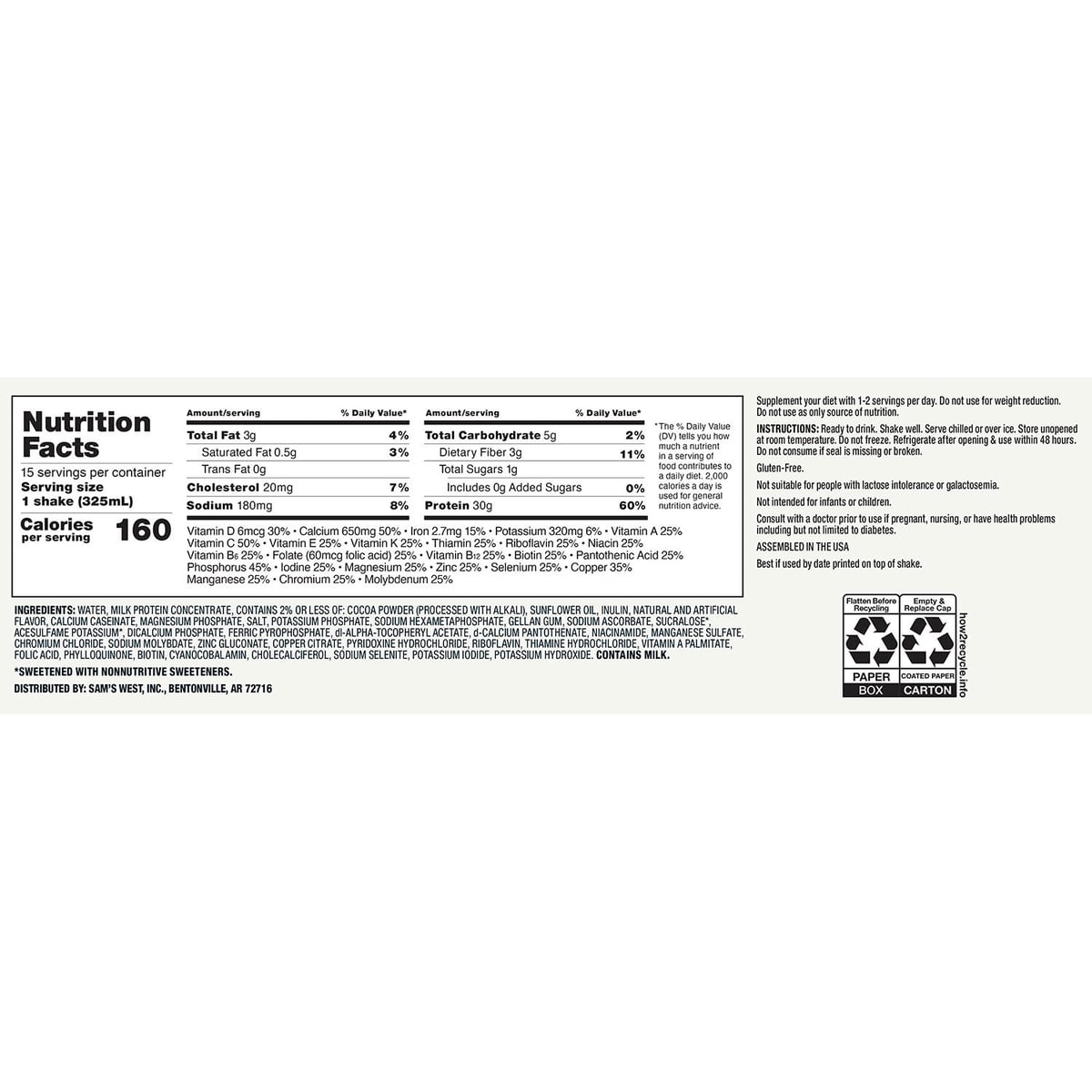 미국직구 멤버스마크 초콜릿 325ml / Member's Mark 30g High Protein Nutritional Shake, Chocolate 325ml,  2