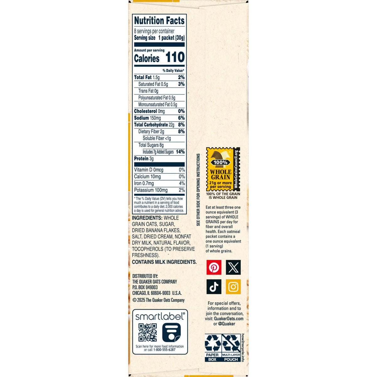 미국직구 Quaker Instant Oatmeal 31ml / Quaker Instant Oatmeal Bananas & Cream 31ml 8 Count x2  5