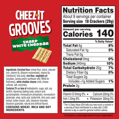 미국직구 치즈잇 Grooves Sharp White Cheddar Crunchy Cheese Crackers, Lunch Snacks, 9 oz