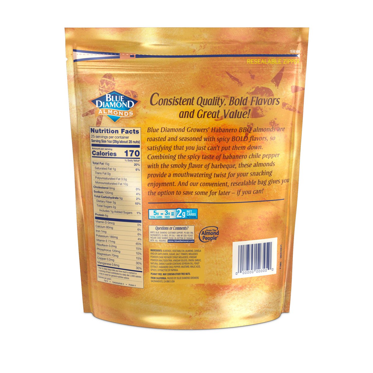 미국직구 Blue Diamond Habanero 견과 709g / Blue Diamond Habanero BBQ Almonds, 1 Bag, 709g, with  3