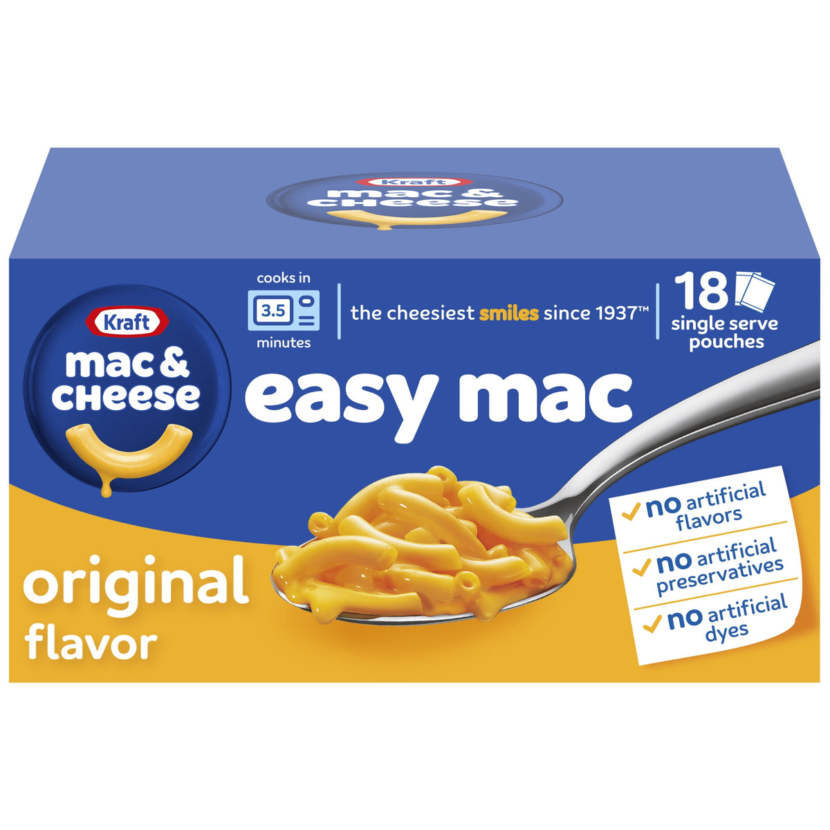 미국직구 (2 pack) Kraft Easy Mac and Cheese, 18 Packets, for Easy Dinner or Dinner Sides, Original Flavor, No Artificial Flavors, Preservatives or Dyes, 38.7 o