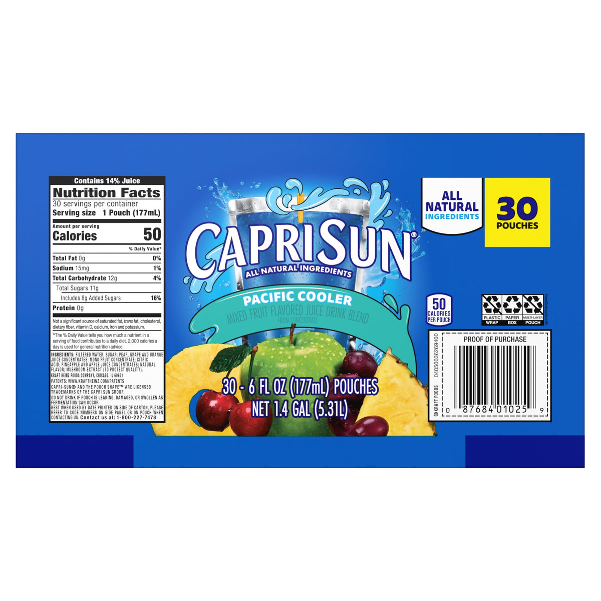 미국직구 카프리썬 Flavored with Other Natural Flavor Juice Drink Blend, 30 Pouches, for School Lunches and On-the-Go Hydration, Pacific Cooler, All Natural In