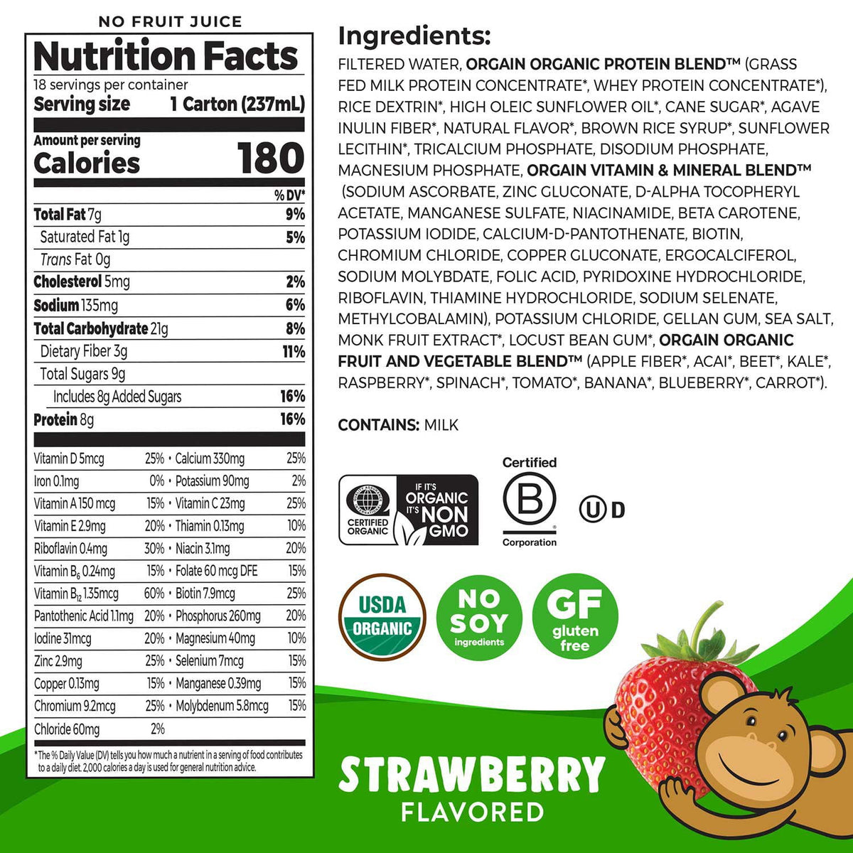 미국직구 Orgain Kids 237ml / Orgain Kids 8g Protein Organic Nutrition Shake, Strawberry 237ml, 2