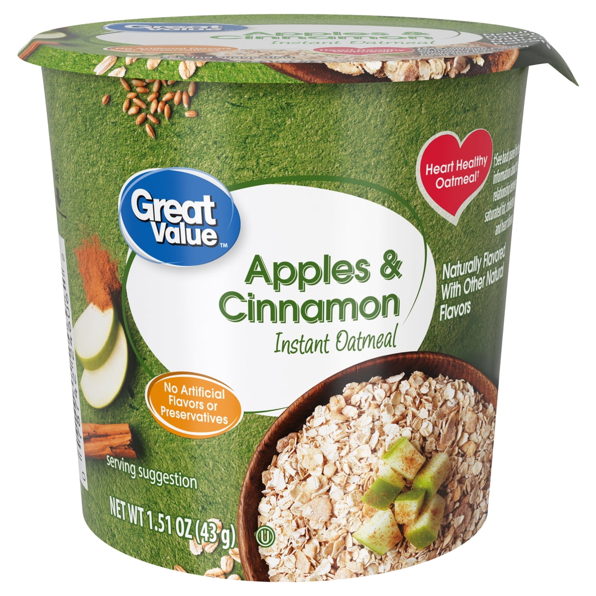 미국직구 Great Value Apples 43g 2팩 / Great Value Apples and Cinnamon Instant Oatmeal Cup, 43g, 2 Pack Bu 1